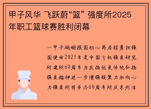 甲子风华 飞跃蔚“篮” 强度所2025年职工篮球赛胜利闭幕